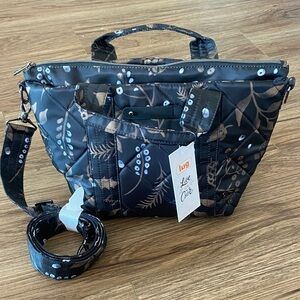 NWT Lug Dory Mini Crossbody Bag black and blue floral pattern.